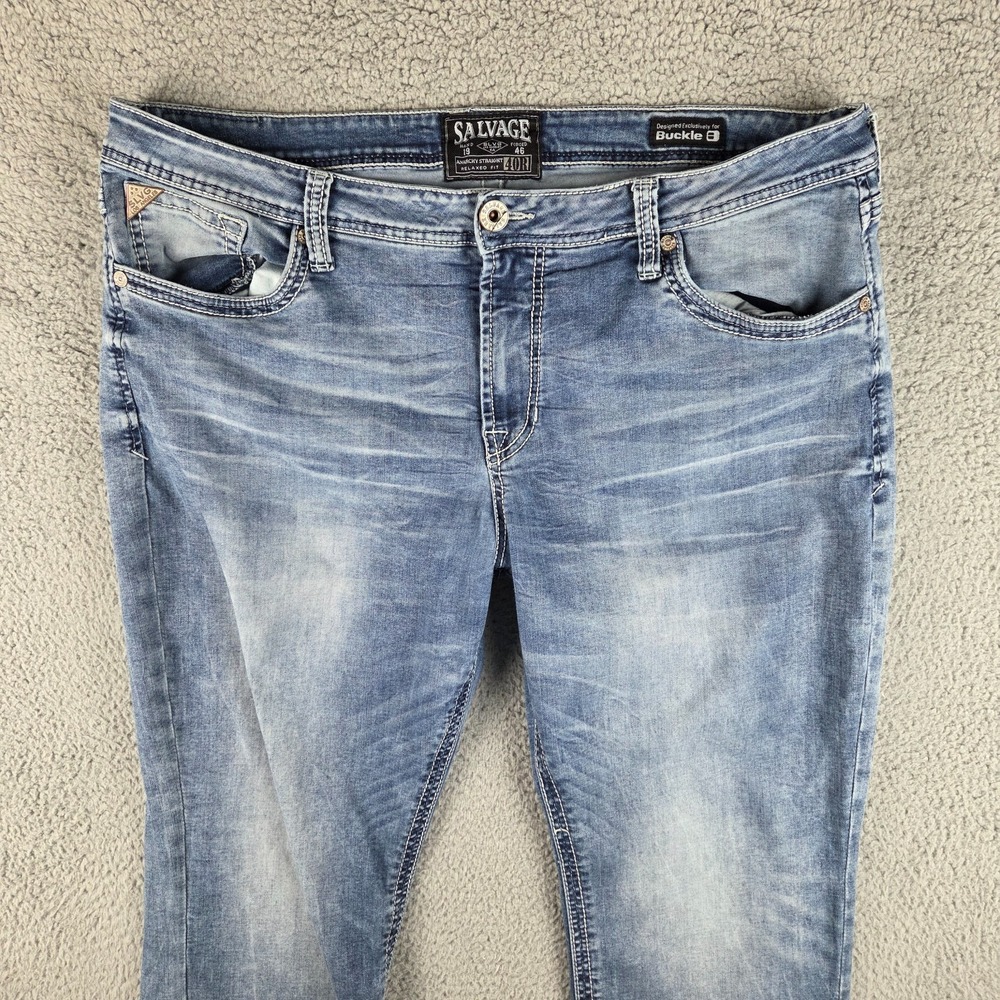 Salvage Anarchy Buckle Jeans Mens 40R (42x31) Blue Relaxed Straight Distressed - Picture 2 of 13